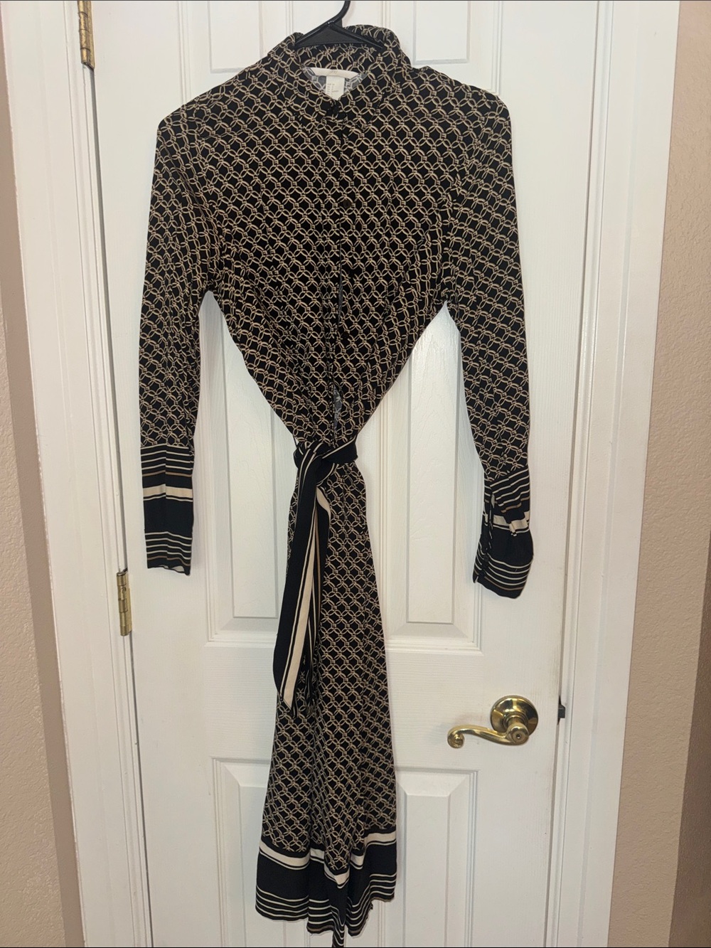H&M Black and Cream Patterned Tie-Front Maxi Dress